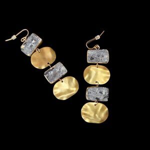 Boho Chic Gold & Gray Stone Dangle Earrings Geometric Modern Statement Luxury